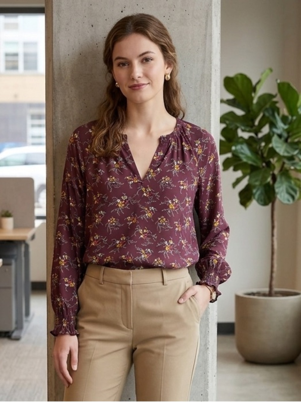 Ann Taylor Factory Plum Floral Long-Sleeve Blouse M NWOT